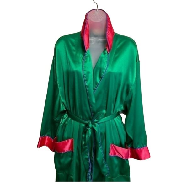 Vintage Victorias Secret Emerald Green & Pink Satin Robe Kimono Style M - Picture 9 of 10